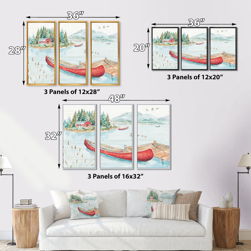 Lake House Canoes II - 3 pièces, reproduction sur toile, Cadre brun, L 36 po x H 20 po