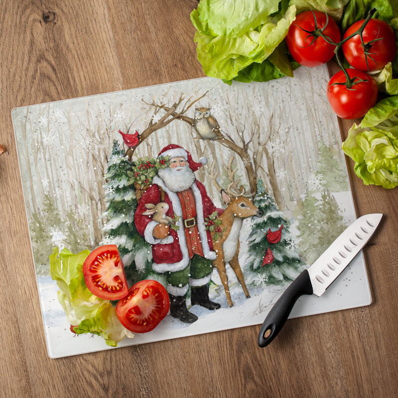 Winter Forest Santa Rectangular Tempered Glass Cutting Board