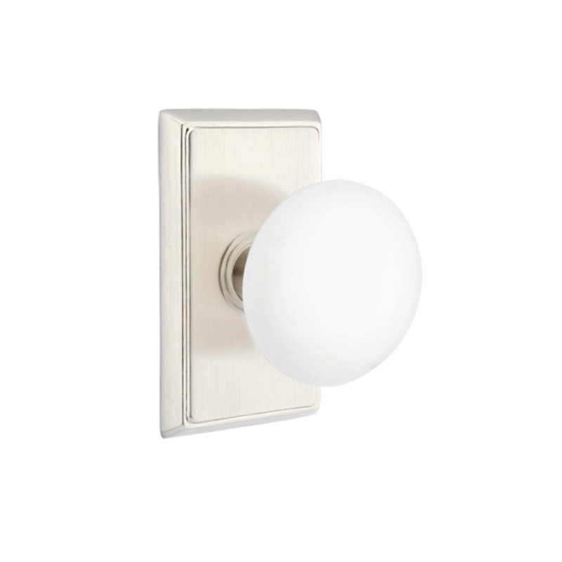 Emtek Dummy Knobset w/ Rectangular Rosette and Ice White Porcelain Knob, Satin Nickel