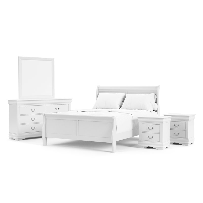 Ensemble de chambre à coucher Emelinda Extula, Blanc, Cinq pièces : Lit, 2 tables de chevet, commode, m, Grand