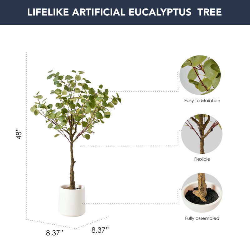 Arbre d'eucalyptus artificiel réaliste en pot blanc pour salon ou bureau intérieur - 48 po