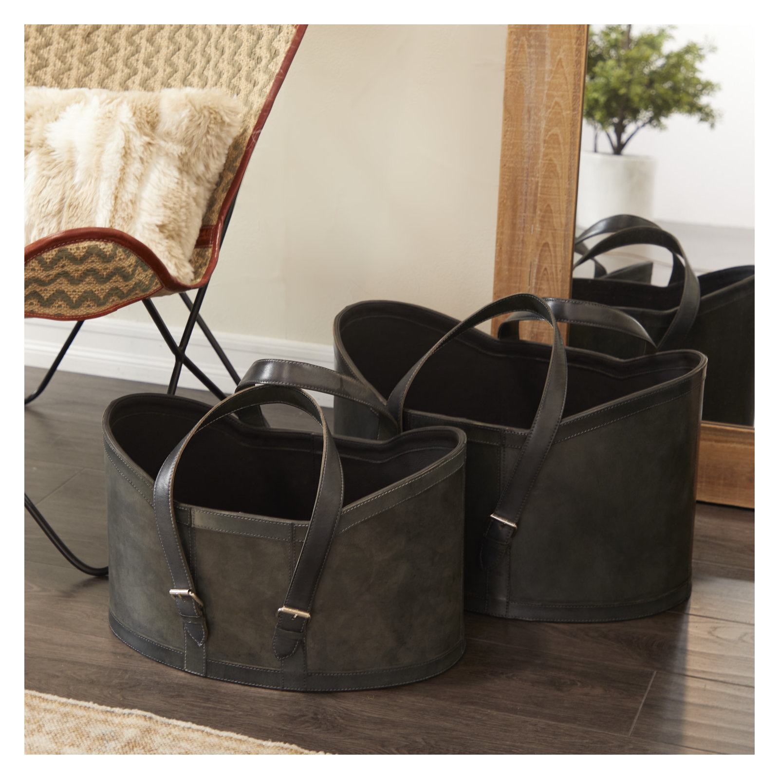 2 Piece Leather Basket Set, Dark Gray