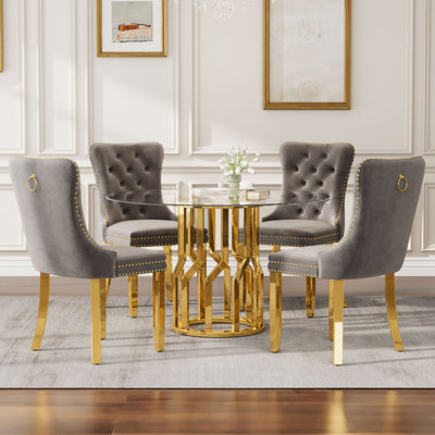 38.9" Round Glass Dining Table Set for 4, Kitchen&Dining Table Set with 4 Velvet Chairs, Modern Gold Stainless Steel Base Table Set