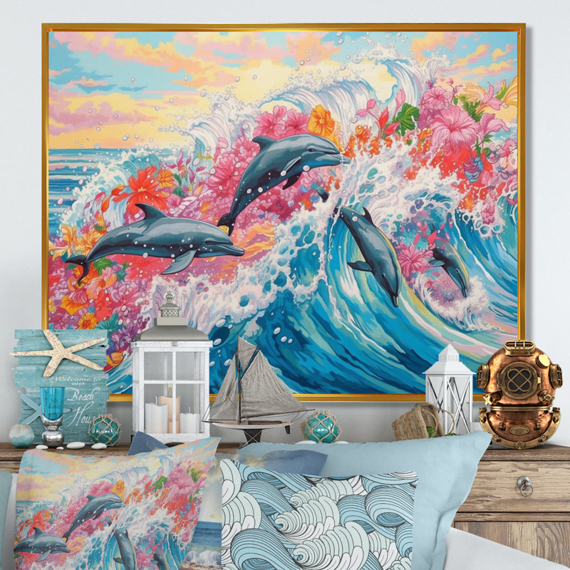 Colorful Dolphins - Dolphin Wall Art, 30" H x 40" W, Gold Floater Framed