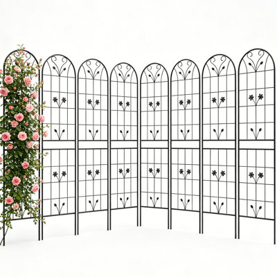 8 Pack Metal Garden Trellis 85" x 19" – Rustproof Heavy Duty Outdoor Trellis for Climbing Plants, Black Powder Coated Flower Support with Butterfly Decoration for Vine, Rose, Cucumber, Bean