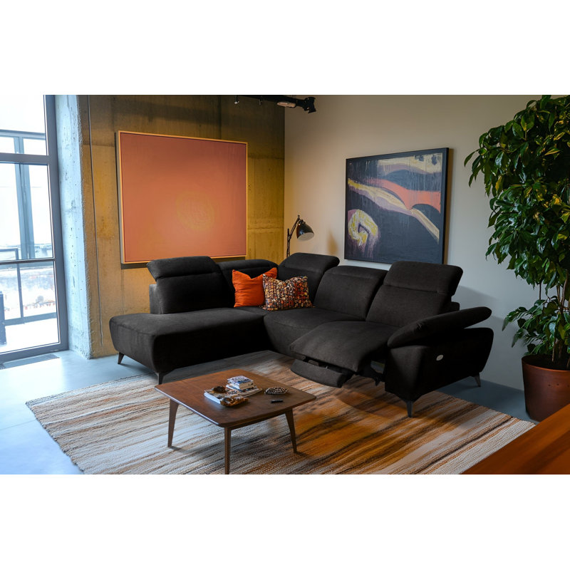 Relaxio Stylish Corner Sofa with Power Reclining & Multi Position Headrests & Adjustable Armrest, Black, Left Hand Facing