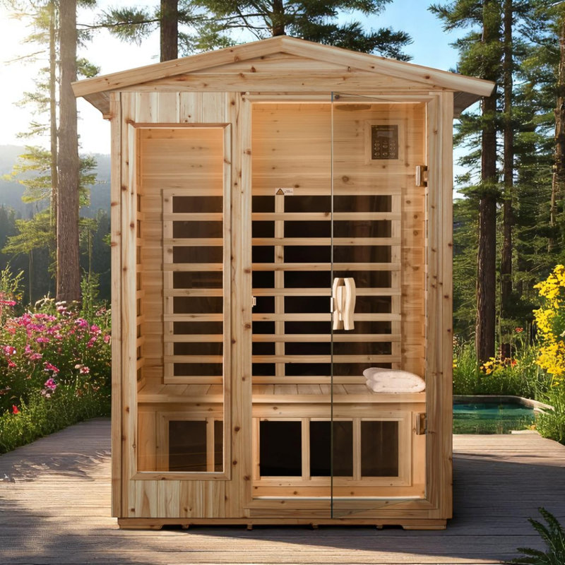 SINOLUXE Outdoor 2 Person Old Fir Far Infrared Sauna Withstand Outdoor Temp -10°F To 149°F Low EMF Sauna Room For Home-9 Low EMF Heaters-Chromotherapy-Bluetooth Speakers