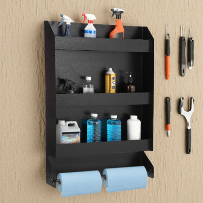 Armoire de rangement murale en aluminium 5052, organisateur ouvert à 3 niveaux pour outils et fournitures, armoire à outils de garage avec porte-serviettes en papier, idéal pour le magasinage et la remorque, noir
