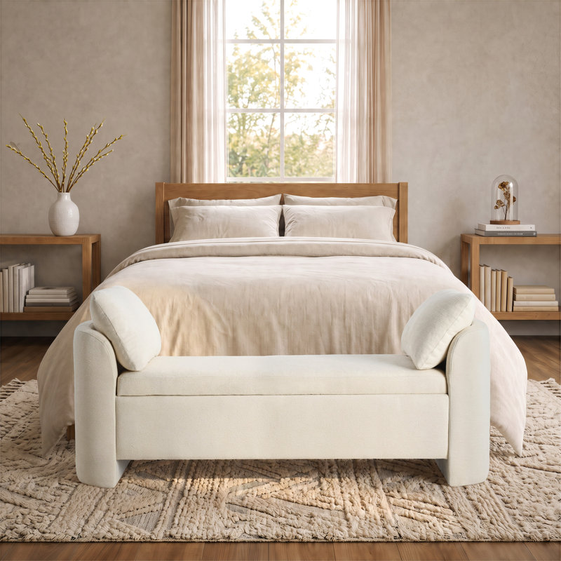 Banc de rangement moderne rembourré de 148 cm de large avec coussins, banc de chambre en chenille aux côtés incurvés pour chambre, entrée ou salon