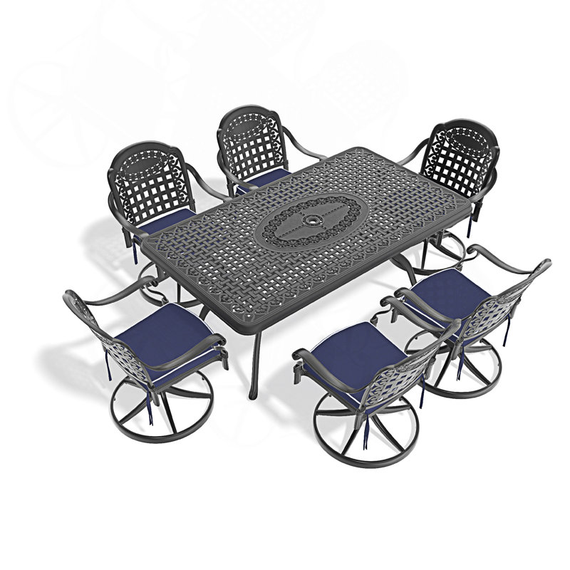 Ensemble de salle à manger 7 pièces en fonte d'aluminium toutes saisons, comprenant 6 chaises pivotantes et une table rectangulaire