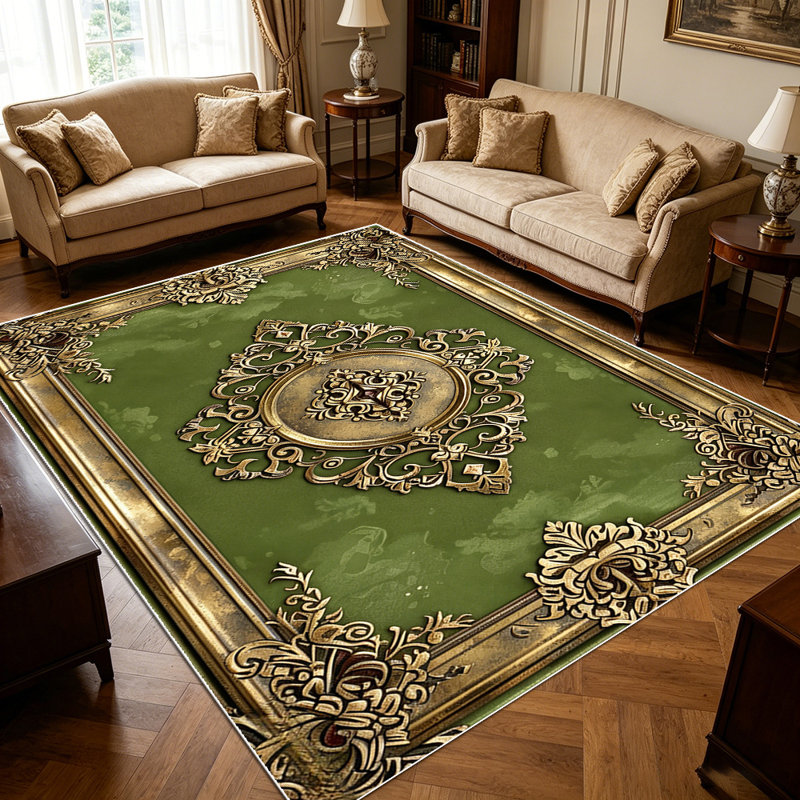 1PC Vintage Baroque Gold Embossed Sage Green Filigree area rugs for Living Room, Soft and Comfortable, Suitable for all seasons, easy-to-maintain, machine washable Indoor floor mat, Under Table Farmhouse suitable for dining table, entryway, bedroom,