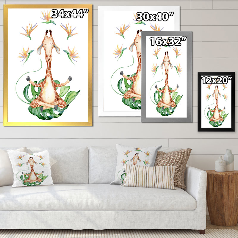 Dessin de girafe avec fleurs tropicales V - peinture sur toile, H 32 po x l 24 po, Cadre de coin argenté fermé