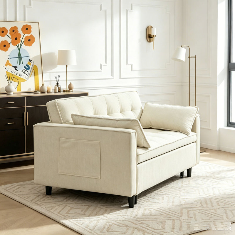 54.30" Corduroy Modular Sectional Sleeper Sofa, Loveseat with Pull Out Bed, Beige
