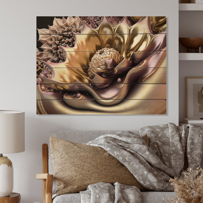 Or liquide et fleurs modernes roses I - impression sans cadre sur bois