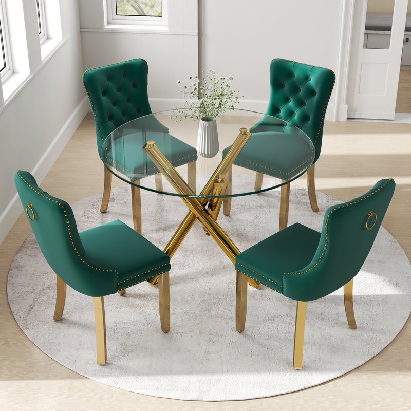 Ensemble de salle à manger à piédestal rond 5 pièces avec chaise capitonnée en velours pour salle à manger et salon, Vert