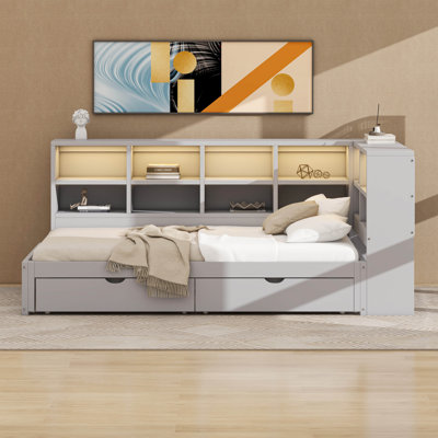 Twin XL To King Size Daybed With Storage Drawers & Cabinets & Charging Station,L Shape Corner Daybed Frame With Adjustable LED Light