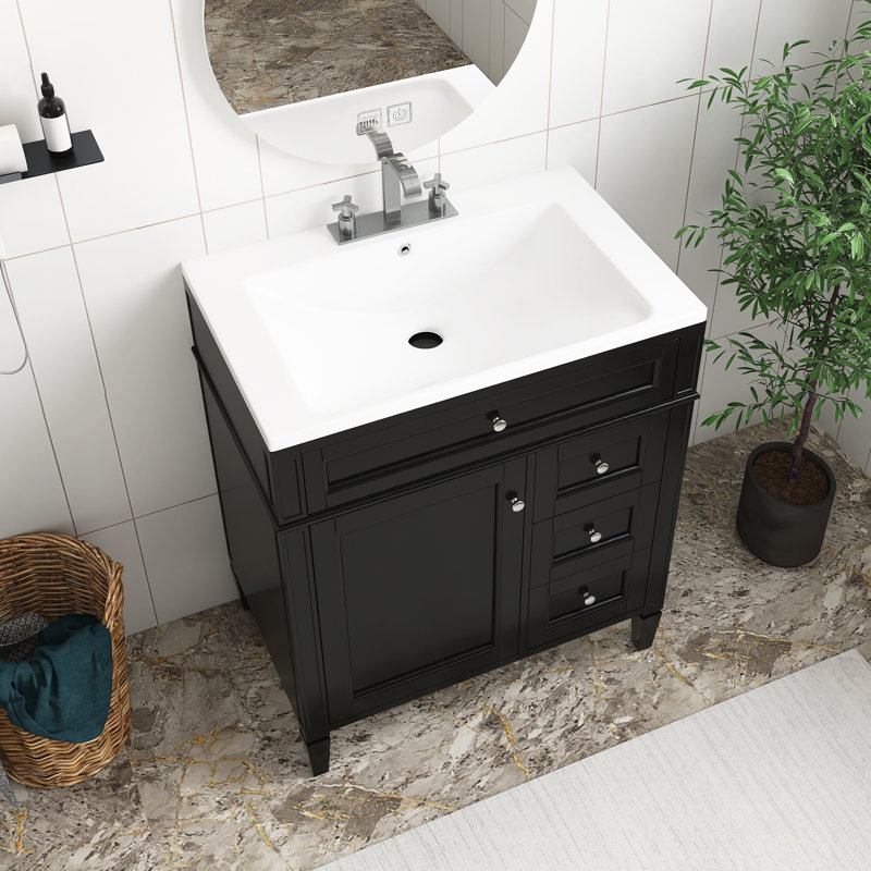 Meuble-lavabo noir avec lavabo supérieur, meuble-lavabo moderne avec 2 tiroirs et un tiroir basculant, meuble-lavabo simple