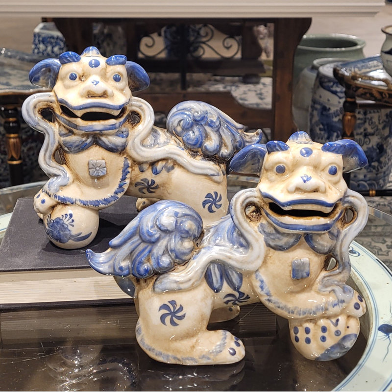 Small Pair of Lucky Foo Dog Figurine, 6.5" H x 8.5" W x 4" D, Blue/White