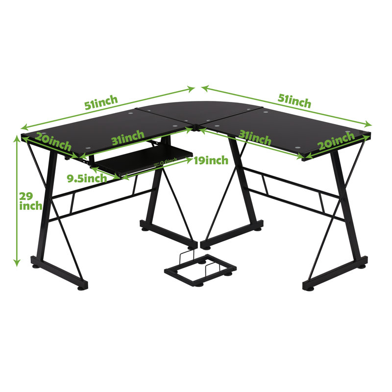 L-Shaped Glass Top Metal Base Computer Desk