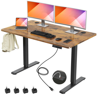 Electric Height Adjustable Standing Desk With Usb Ports And Power Outlets，Lockable Casters, Big Mouse Pad