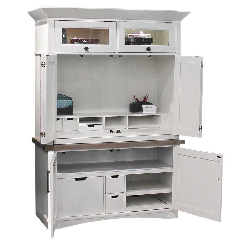 Bureau armoire en bois massif Bankhead, Coton et naturel vieilli
