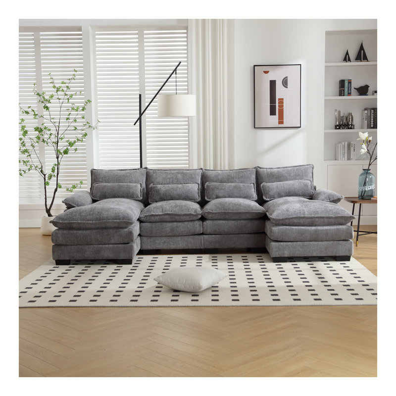 Canapé surdimensionné en U en chenille avec rembourrage en éponge de haute qualité en chenille de haute qualité, Gris clair