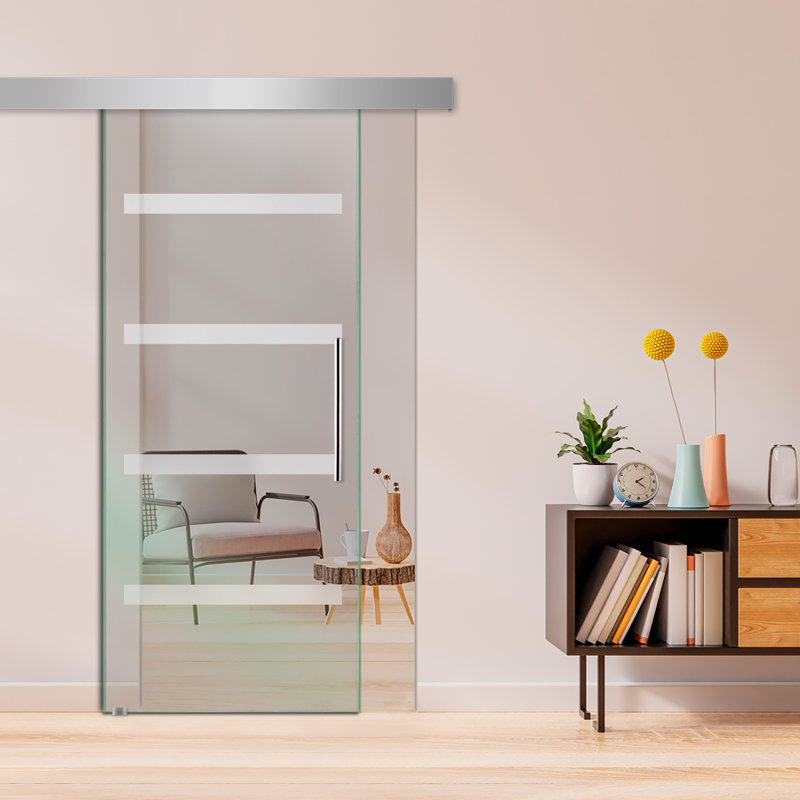 Porte de grange coulissante en verre sans cadre avec design moderne givré + ensemble de quincaillerie (non privé)