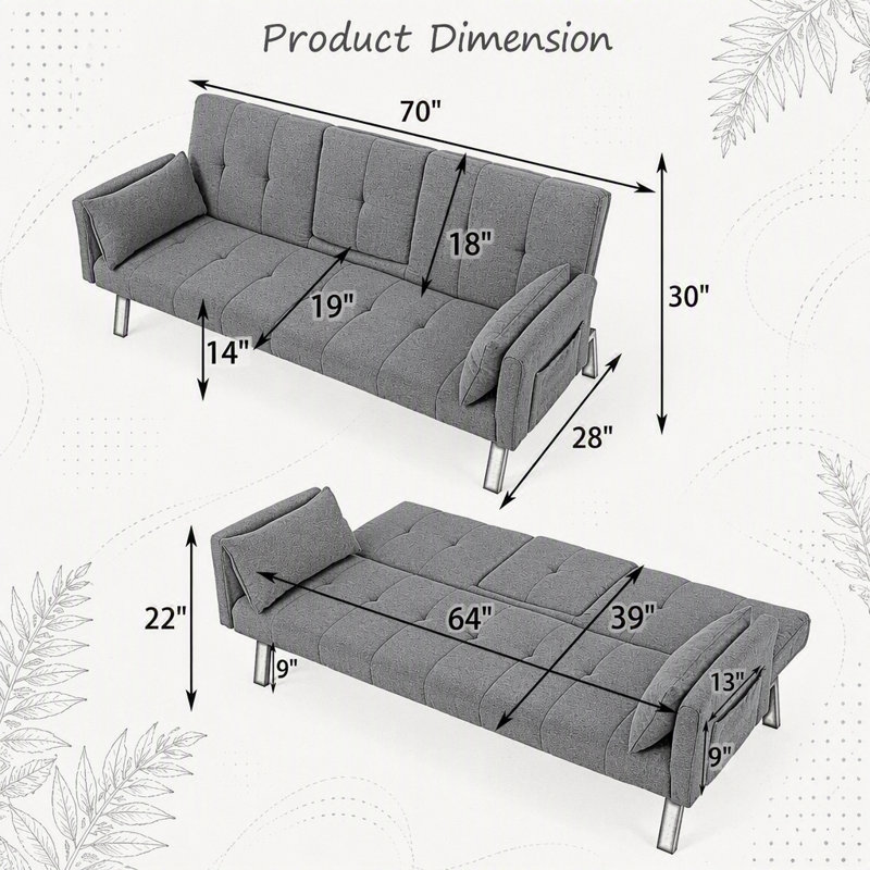 Canapé-lit pliable en coton et en lin de 70 pouces avec porte-gobelet et rangement latéral, pour les petits espaces et la multifonctionnalité