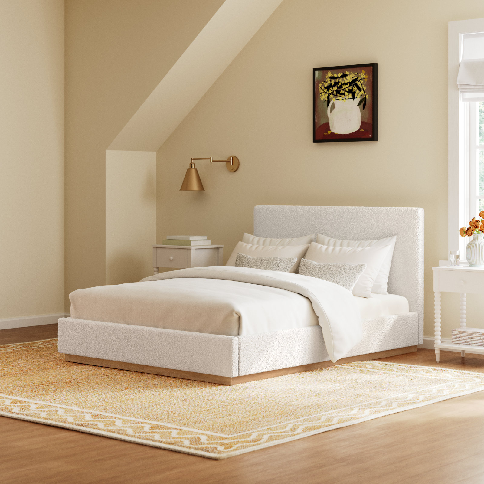 Drago Upholstered Platform Bed, Cream Boucle, Full