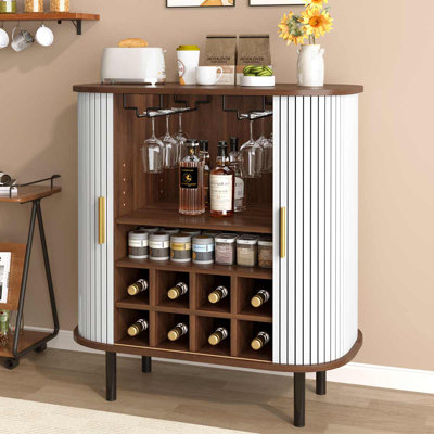 28" Fluted Wine Bar Cabinet With 8-Grid Wine Rack, Modern Sideboard Cabinet With 5-Level Adjustable Shelves