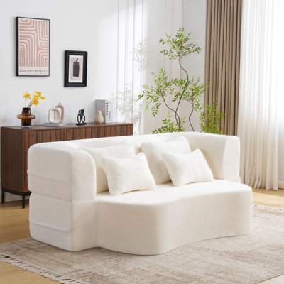 Grand canapé moderne blanc grand format avec 4 coussins, canapé de futon en tissu moelleux, mousse haute densité pour une utilisation polyvalente et confortable