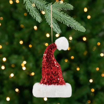 Sequined Santa Hat With Plush Trim Christmas Ornament - 8.5" - Red