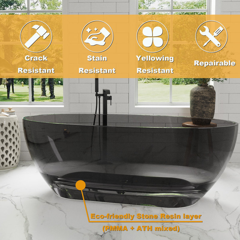 63 po X 29 po Baignoire de trempage autoportante à surface solide de couleur unie en gris transparent, Gris