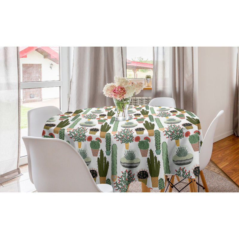 Ambesonne Cactus Round Tablecloth, Pattern With Succulent Plants And Cactuses In Pots Botanical Floral Mexican Garden, Circle Table Cloth Cover For Dining Room Kitchen Decoration, 60", Multicolor