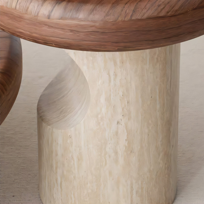 Table d'appoint ronde 19,7 po en bois double, plateau en noyer et petite table basse sculptée, Brun