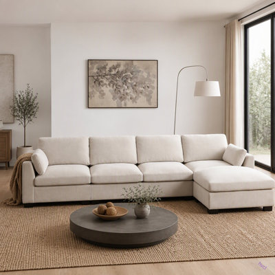 Canapé modulaire de 130 po en forme de L avec table pliante et port double, poches de rangement latérales, 2 coussins d'accoudoirs, repose-pieds à mouvement libre, mousse haute densité, chenille, 5 sièges
