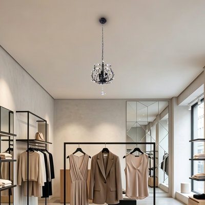 Lustre en cristal à hauteur réglable | Luminaire suspendu en cristal noir à 3 douilles E12 pour salle à manger