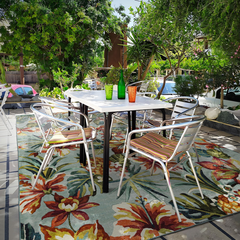 Green/Yellow  Floral Design Performance Outdoor Rug, Rectangle 6' x 9'