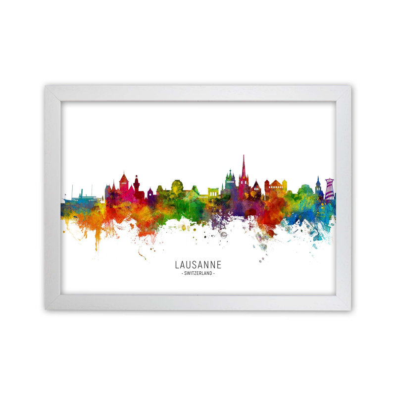 Lausanne Switzerland Skyline by Michael Tompsett - Print, White Framed, 34cm H x 46cm W x 3cm D