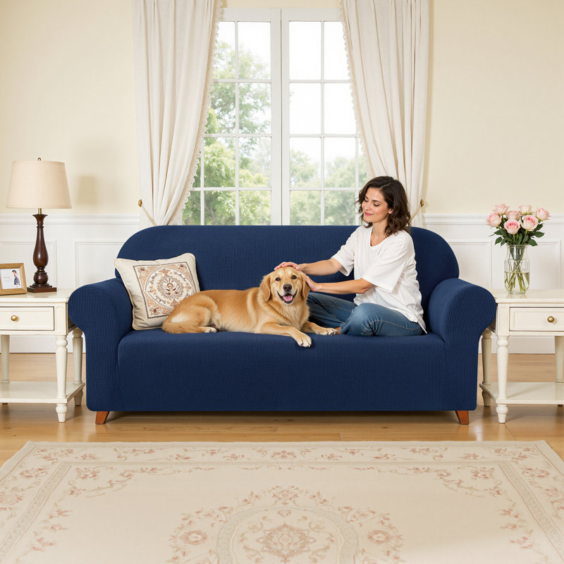 1-Piece Jacquard Stretch Couch Covers, Polyester Spandex Sofa Slipcovers, Universal Fit Living Room Machine Washable Furniture Protector for Dogs Pets, Non-Slip Sofa Covers for 3 Cushion Couch for Dogs Pets (Sofa, Navy)
