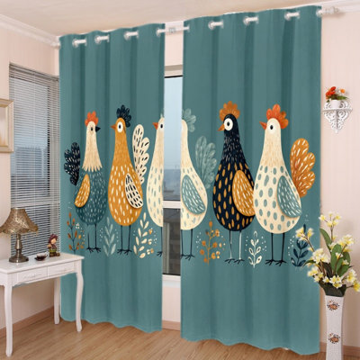 2PCS Grommet Top Blackout Curtain Drapes, Cartoon Farm Cute Rooster Animal Printed Fabric, Thermal Insulated Noise Reducing Window Coverings with Privacy Protection, Indoor Decor for Bedroom Living Room Kitchen