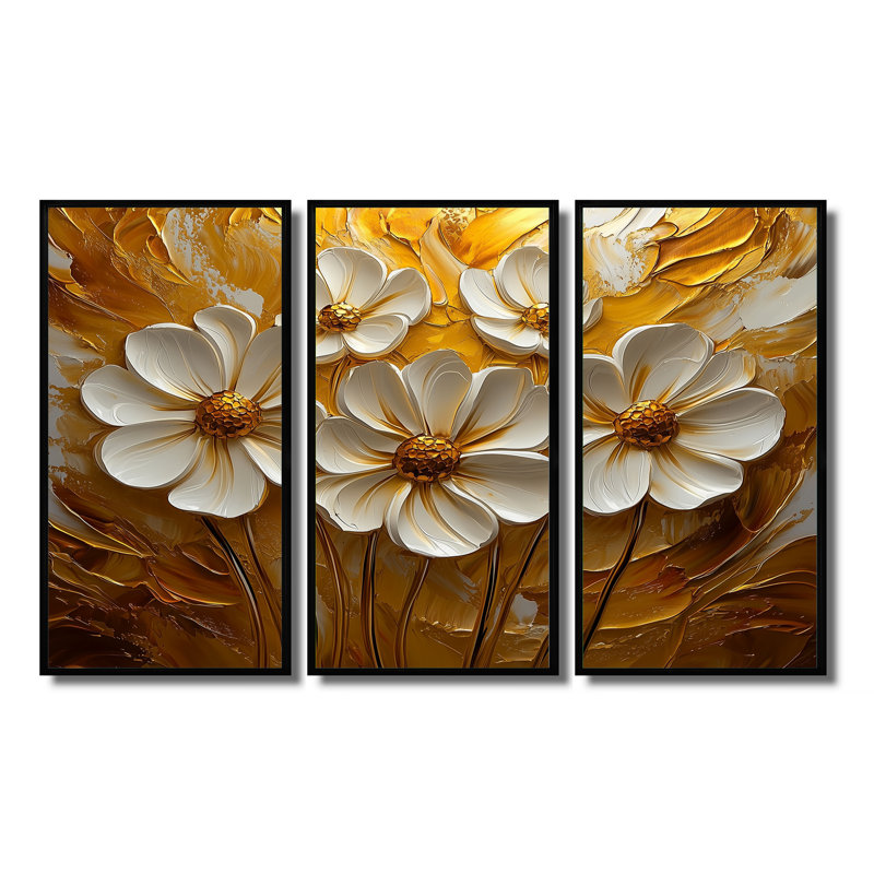 Fleurs blanches et dorées, Wildflowers I - ensemble de 3 fleurs sauvages, H 28 po x l 36 po, Noir