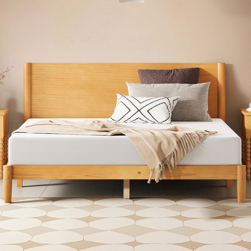 Mid Century Solid Wood Platform Queen Bed Frame With Wood Slat Support, Natural, Queen, Natural