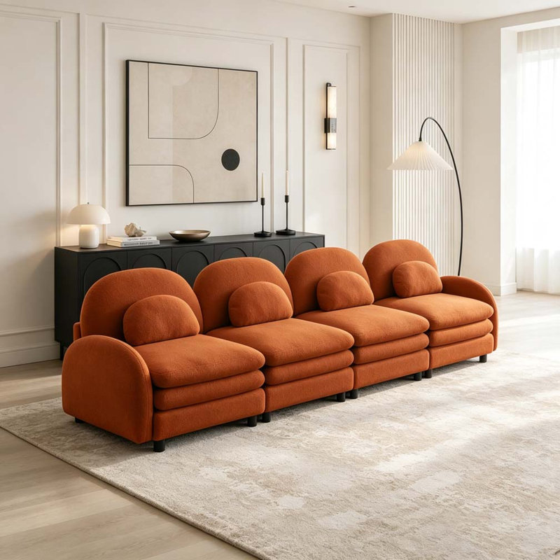 Canapé en tissu Teddy Cloud, dossier incurvé et accoudoirs avec coussins lombaires, Orange+4Seat