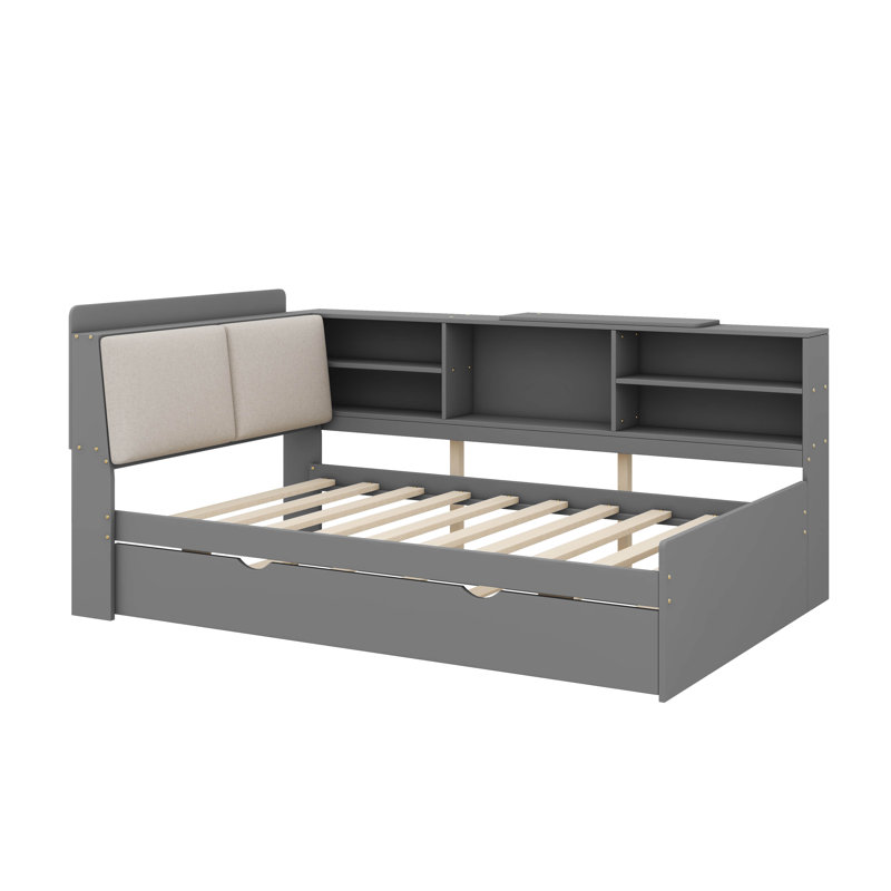 Practical Platform Bed With Pull Out Trundle Shelving Units And Storage Headboard, Grey