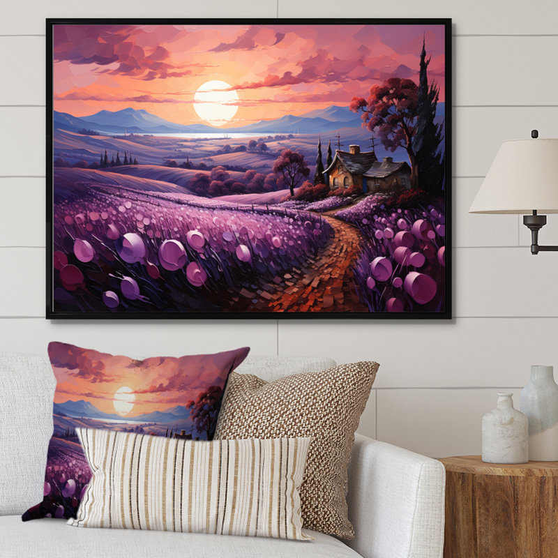 Paysage campagne lavande patchwork I, H 34 po x l 44 po x P 1,5 po, Cadre flottant noir