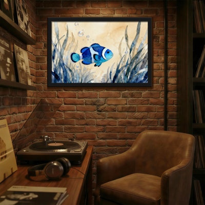 Animals Blue Fish Swimming Among Seaweed Bubbles