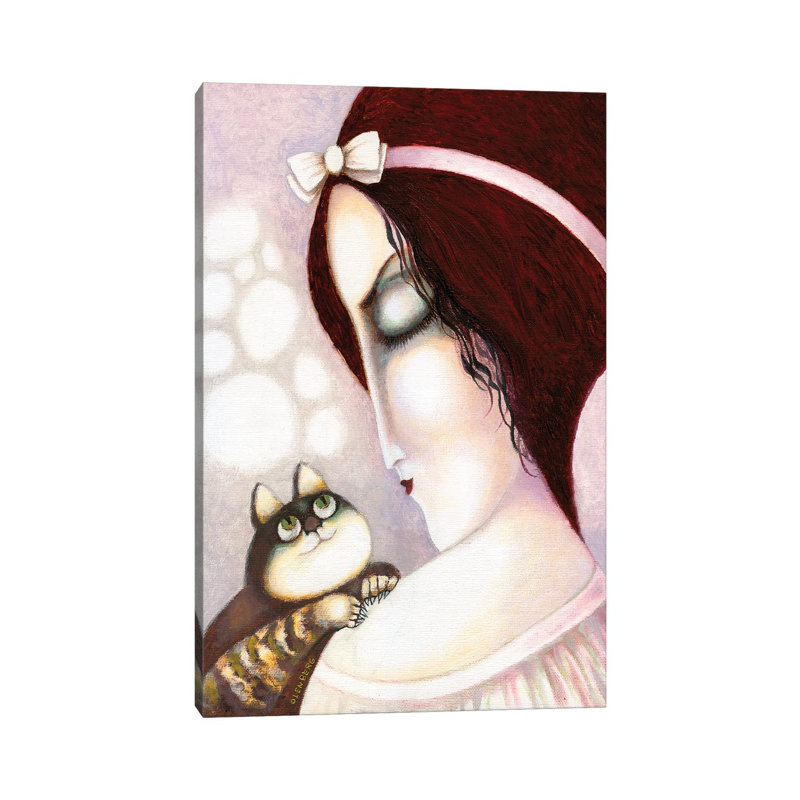 Woman With A Pink Bow On Her Head And A Cat by Art Mirano - Wrapped Canvas Painting, 20.32 cm H x 30.48 cm W