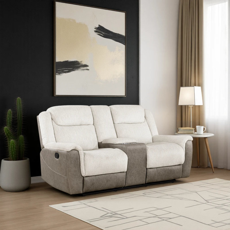 Walden 76" Modern & Contemporary Two-Tone Chenille and Polished Microfiber Manual Double Reclining Loveseat with Integrated Center Console with Cup Holders