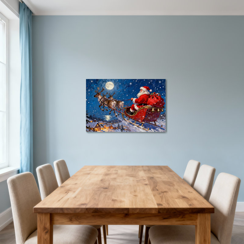 Noël, père Noël, renne, traîneau, nuit de lune, village enneigé, H 16 po x l 24 po